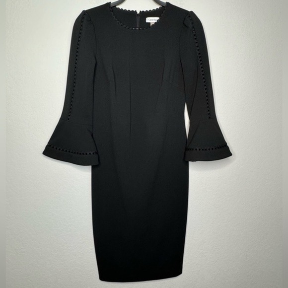 Calvin‎ Klein Scalloped Bell-Sleeve Black Dress- Sz 6 - Picture 1 of 6